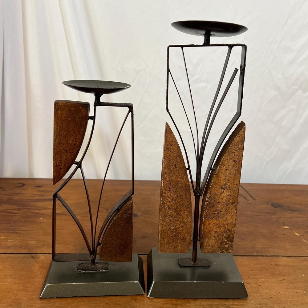 Abstract Textured Bronze and Wood Candle Holders Geometric Sculptures Plip(3876)